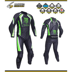 Monster green and black motorcycle leather suit
