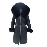 Freya Black Leather shearling coat with Fur Hood & Belt