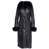 Caitlan's Black Shearling Sheepskin Full Length Long Coat With Fox Fur Trim