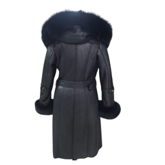 Freya Black Leather shearling coat with Fur Hood & Belt