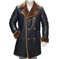 Griffin Double Breasted Black Croc Print Shearling Overcoat