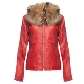 Palmyra Rose Red Leather Jacket With Fur Collar