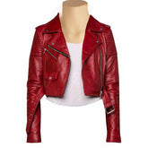 Martyna's Red Crop Biker Leather Jacket With Waist Belt