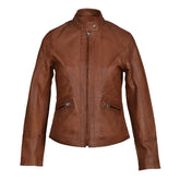 Dione's Moto Style Sand Washed Leather Jacket With Buttoned Collar
