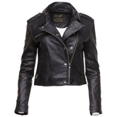 Aria Black Cropped Leather Jacket with Snap Button Closure