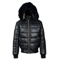 Ash Black Hooded Leather Puffer Jacket