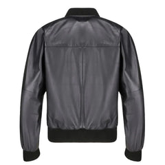 Black Bomber Style Ribbed Leather Jacket