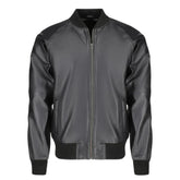 Black Bomber Style Ribbed Leather Jacket