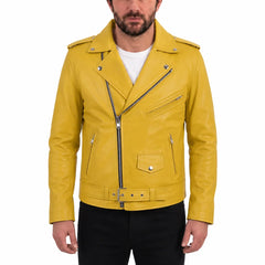 Olson's Yellow Belted Leather Biker Jacket