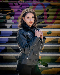 Eira's Biker Style Leather Jacket With Fur Collar