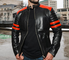 Black moto style jacket with shoulder and arm patches