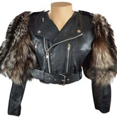 Jasmine Becker Cropped Leather Jacket with Belted Waist & Real Fox Fur Sleeves