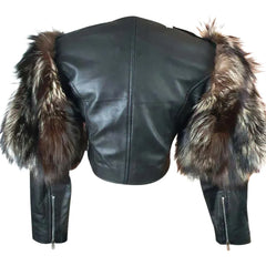 Jasmine Becker Cropped Leather Jacket with Belted Waist & Real Fox Fur Sleeves