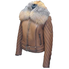 Lumins quilted shearling jacket with crystal fox fur