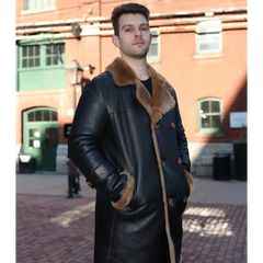 Griffin Double Breasted Black Croc Print Shearling Overcoat