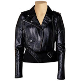 Martyna Black Cropped Biker Leather Jacket with Waist Belt