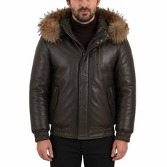 Castillo Brown winter leather jacket with hoodie
