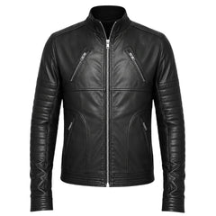 Men's leather jacket with straight zip up collar