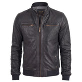 Black Leather Jacket with Ribbed Cuffs and Hem