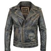 Distressed Belted Leather Biker Jacket