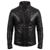 Black leather jacket with high neck pullover