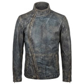 Kwame's vintage style leather jacket with straight collar