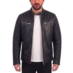Haworths moto style leather jacket with ribbed stitched sleeves