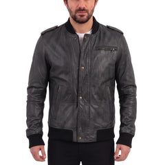 Black Bomber Leather Jacket with Button Closure