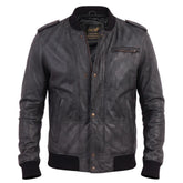 Black Bomber Leather Jacket with Button Closure