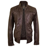 Brown leather jacket with straight ribbed collar, cuffs and hem