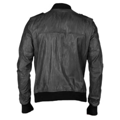 Black Bomber Leather Jacket with Button Closure