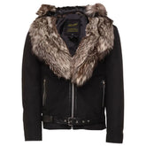 Allen Black Nubuck Leather jacket with Real Fox Fur on collar and hoodie