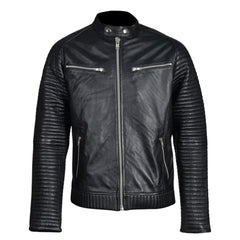 Haworths moto style leather jacket with ribbed stitched sleeves