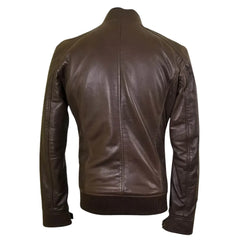 Brown leather jacket with straight ribbed collar, cuffs and hem