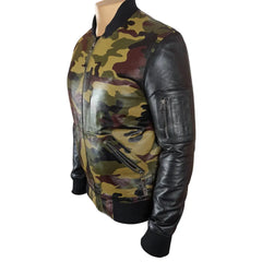 Bomber Camouflage Military print leather jacket with Back sleeves