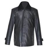 Eric's black leather car coat with fur collar