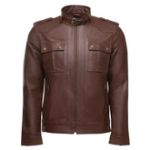Brown leather jacket with collar belt