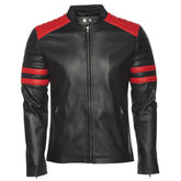 Black moto style jacket with shoulder and arm patches