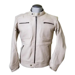Beige Armored Leather Motorcycle Jacket