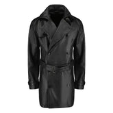 Black leather belted and double breasted trench coat