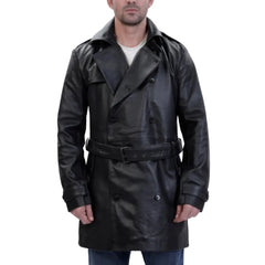 Black leather belted and double breasted trench coat