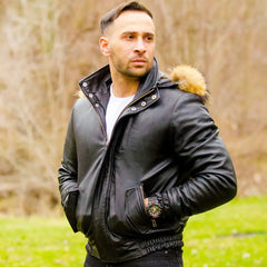 Castillos bomber Winter Leather Jacket with Real fox fur hoodie