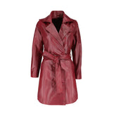 Coral red belted leather coat