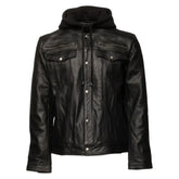 Easton Black Hooded Trucker Leather Motorcycle Jacket