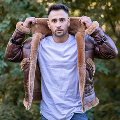 Esa Brown Bomber Sheepskin Shearling Jacket with large pockets