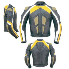 Grey & Yellow Armored Leather Motorcycle Jacket
