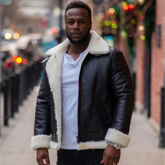 Hampton's Classic Brown B-3 Bomber Aviator Shearling Jacket with collar belt