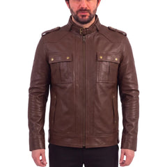 Brown leather jacket with collar belt