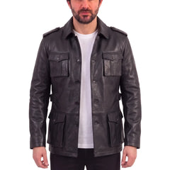 Black leather buttoned up coat