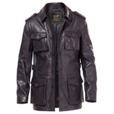 Black leather buttoned up coat